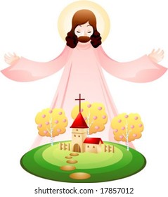 Jesus Christ and Christian - pray for God's grace with a church of red roof and beautiful wood park with green field on white background : vector illustration