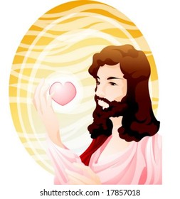 Jesus Christ and Christian - pray for God's grace with a cute pink heart in the beautiful heaven with dark and bright yellow oval frame on white background : vector illustration