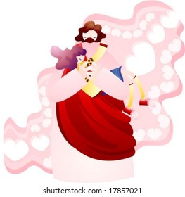 Jesus Christ and Christian - pray for God's grace with a cute young girl in the beautiful heaven with pink frame of wave shape and heart pattern on pink and white background : vector illustration
