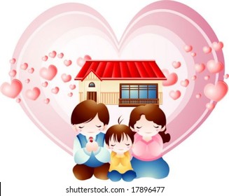 Jesus Christ and Christian - praying with a cute young child and his parents in their lovely house on a background of beautiful pink sacred hearts : vector illustration
