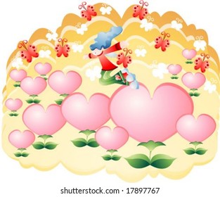 Jesus Christ and Christian - a pretty young girl enjoy happy and relaxing time on brown background with wave frame and pink heart pattern : vector illustration