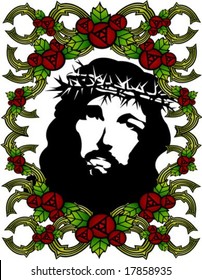 Jesus Christ and Christian with red rose floral pattern on white background