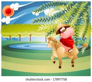 Jesus Christ and Christian - riding on the male cow, playing a wooden pipe and enjoy happy and relaxing holiday on a background of blue sky and green garden with oval frame : vector illustration