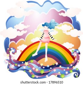 Jesus Christ and Christian - sitting on the colorful rainbow with a cute young child on background of beautiful sky and pink clouds : vector illustration