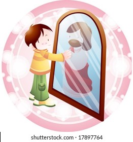 Jesus Christ and Christian - stand a cute boy with the Lord on pink background with round frame and white circle patterns : vector illustration