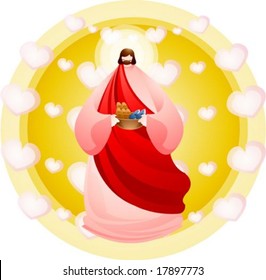 Jesus Christ and Christian - standing the Lord and holding a basket of Two Fish and Five Loaves of Barley Bread on yellow background with circle frame and white heart patterns : vector illustration