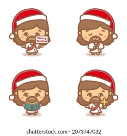 Jesus Christ christmas clipart set. Praying, holy, and holding a cross. Cartoon vector illustration