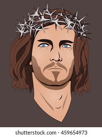 Jesus Christ, a colorful image, dark background. Long hair, a crown of thorns, shading. The man's head, bust. Long hair. The religious significance. It can be used for printing. Vector.