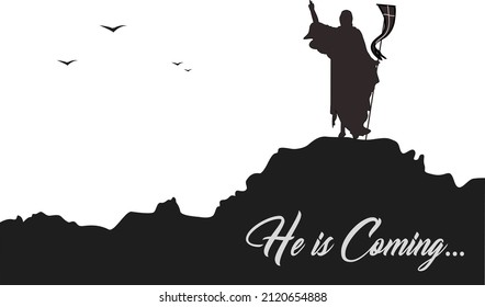 Jesus Christ is coming again. Jesus on the calvary mountain isolated on white background. Silhouette of Calvary hill and Jesus Christ resurrection on the mountain on easter sunday