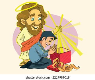 Jesus Christ created a miracle gift for the believer. Vector illustration.