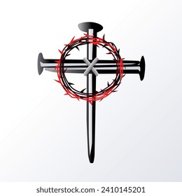 Cruz de Jesucristo hecha de uñas. Banner de servicio del domingo de Pascua con cruz de uñas y espinas corona. Ilustración vectorial cristiana