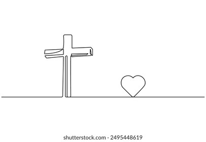 Jesus Christ cross in one continuous line drawing, Christian cross. Hand drawn Christian Cross. Abstract linear Christian Cross, Jesus Christ continuous one line drawing, One line Christian