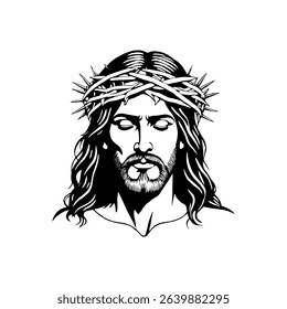 Jesus Christ with Crown of Thorns – Black and White Vector Religious Illustration.