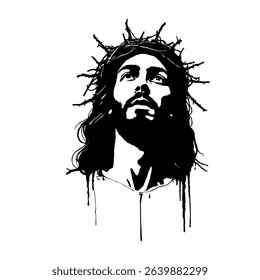 Jesus Christ with Crown of Thorns – Black and White Vector Religious Illustration