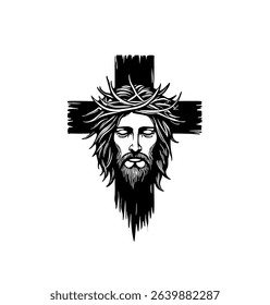 Jesus Christ with Crown of Thorns and Cross – Black and White Christian Vector Illustration.