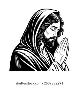 Jesus Christ with Crown of Thorns and Cross – Black and White Christian Vector Illustration 4.