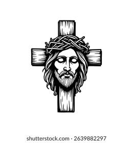 Jesus Christ with Crown of Thorns and Cross – Black and White Christian Vector Illustration 4.