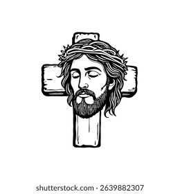 Jesus Christ with Crown of Thorns and Cross – Black and White Christian Vector Illustration 3.