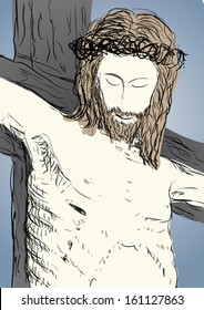 Jesus Christ crucified on the cross. Christian and Catholic religion. Vector illustration.