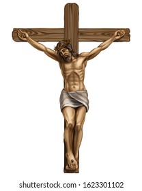 Jesus Christ crucified on the cross. Hand-drawn, artistic image of a wooden cross with the crucified Jesus Christ on a white background.