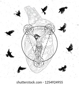 Jesus Christ crucified on sacred geometry mandala circles sacred heart and raven or crow birds flock flying around. Symbol of Christianity prayer, religion. Mystical spiritual experience. Vector.