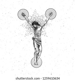 Jesus Christ crucified on sacred geometry mandala circles and hover in space full of stars. Symbol of Christianity prayer, religion. Mystical experience flash tattoo reference. Vector.