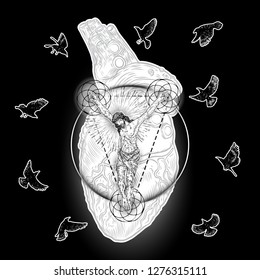 Jesus Christ crucified on sacred geometry mandala circles sacred heart and raven or crow birds flock flying around. Symbol of Christianity prayer, religion. Mystical spiritual experience. Vector.