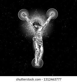 Jesus Christ crucified on sacred geometry mandala circles and hover in space full of stars. Symbol of Christianity prayer, religion. Mystical experience flash tattoo reference. Vector.