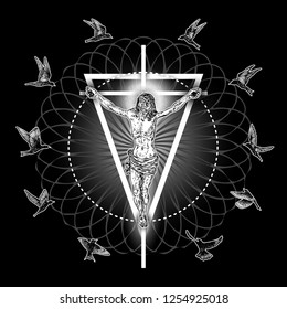 Jesus Christ crucified and raven or crow birds flock flying around him. Modern new age visual interpretation, symbol of Christianity prayer, religion and mystical spiritual experience. Vector.
