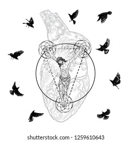 Jesus Christ crucified and raven or crow birds flock flying around him. Modern new age visual interpretation, symbol of Christianity prayer, religion and mystical spiritual experience. Vector.
