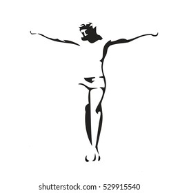 Jesus Christ crucified. Vector black illustration on white background.