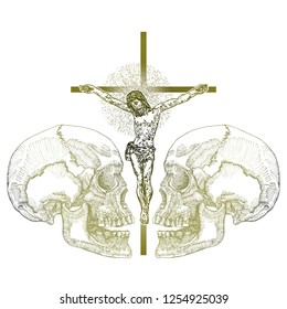 Jesus Christ crucifixion with drawing of skulls, symbol of saint. Flash body tattoo. Symbol of Christianity prayer and religion. Vector.