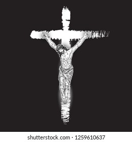 Jesus Christ crucifixion on hand painted ink brush cross on black background. Flash body tattoo. Symbol of Christianity prayer and religion. Concept spiritual and sacred holy. Vector.