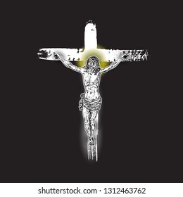 Jesus Christ crucifixion on hand painted ink brush cross on black background with Rays of halo light and beams, symbol of saint. Flash body tattoo. Symbol of Christianity prayer and religion. Vector.