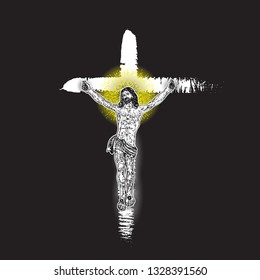 Jesus Christ crucifixion on hand painted ink brush cross on black background with Rays of halo light and beams, symbol of saint. Flash body tattoo. Symbol of Christianity prayer and religion. Vector.