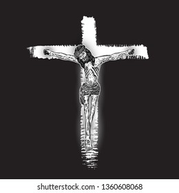 Jesus Christ crucifixion on hand painted ink brush cross on black background. Flash body tattoo. Symbol of Christianity prayer and religion. Concept spiritual and sacred holy. Vector.