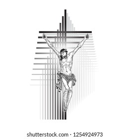 Jesus Christ crucifixion on modern geometric cross tattoo. Prophet on sacred geometry minimal art. Symbol of new age Christianity prayer and religion Vector.