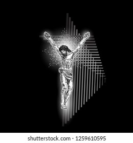 Jesus Christ crucifixion on modern geometric cross tattoo. Prophet on sacred geometry minimal art. Symbol of new age Christianity prayer and religion Vector.