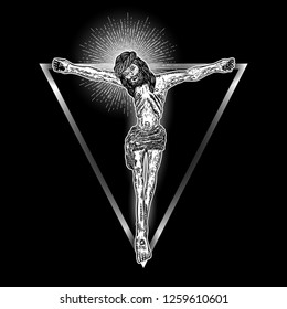 Jesus Christ crucifixion on modern geometric cross tattoo. Prophet on sacred geometry minimal art. Symbol of new age Christianity prayer and religion Vector.