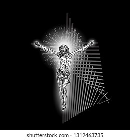 Jesus Christ crucifixion on modern geometric cross tattoo. Prophet on sacred geometry minimal art. Symbol of new age Christianity prayer and religion Vector.