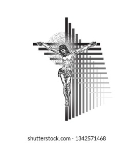 Jesus Christ crucifixion on modern geometric cross tattoo. Prophet on sacred geometry minimal art. Symbol of new age Christianity prayer and religion Vector.