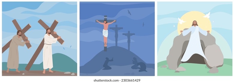 Jesus-Christus-Kruzifixierung Auferstehung Weg zu Golgotha flach Set einzelne Vektorgrafik