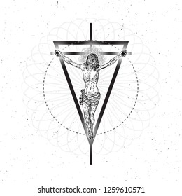 Jesus Christ crucifixion in the space on sacred geometric cross, triangle and circles mandalas. Flash body tattoo. Symbol of Christianity prayer and religion. Concept spiritual and sacred holy. 