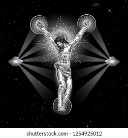 Jesus Christ crucifixion in the starry sky space tattoo. Prophet on sacred geometry with hovering alien UFO with seeing eye beams surreal art. Symbol of modern Christianity prayer and religion Vector.