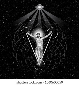 Jesus Christ crucifixion in the starry sky space tattoo. Prophet on sacred geometry with hovering alien UFO with seeing eye beams surreal art. Symbol of modern Christianity prayer and religion Vector.