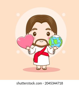 Jesus Christ with earth and love chibi cartoon character