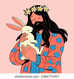 Jesus Christ with a easter rabbit in his hand. Vector illustration