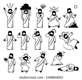 Jesus Christ emotions, feelings, expressions, and actions in icons pictogram. Stick figure of Jesus Christ feeling happy, sad, and angry. Other actions are thumb up, face palm, reading, cry, and fell.