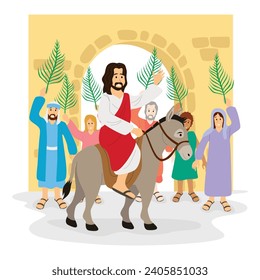 Jesus Christ enters the gates of the city of Jerusalem and is greeted by residents with a procession of palm leaves, illustration of Palm Sunday during Easter