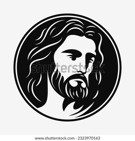 Jesus Christ face. Black and white  icon, logo. Vector illustration